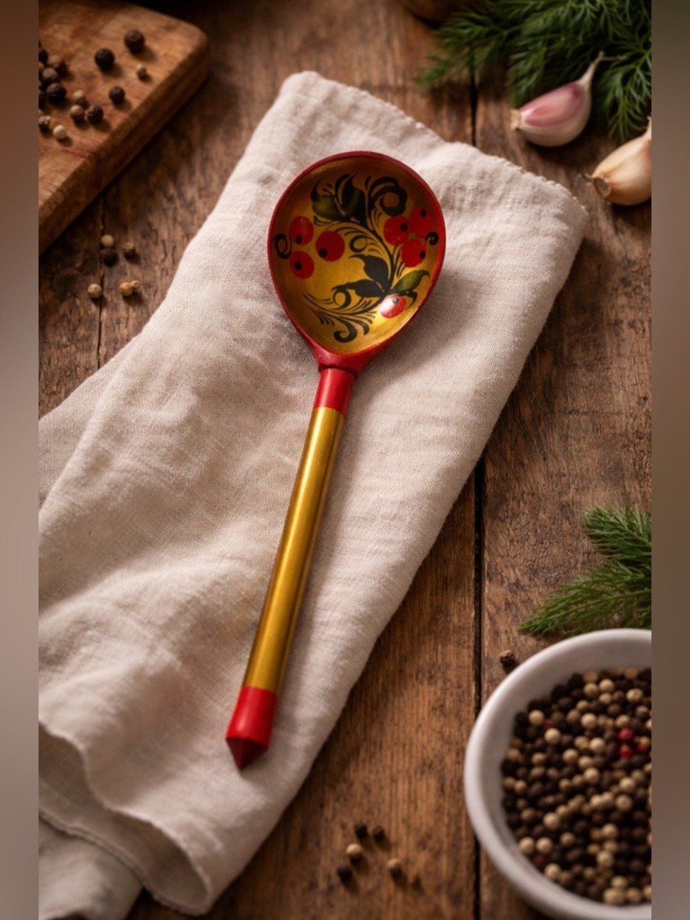 Vintage Khokhloma Russian Lacquer Wood Spoon • Hand-Painted Gold Folk Art • 7.5”